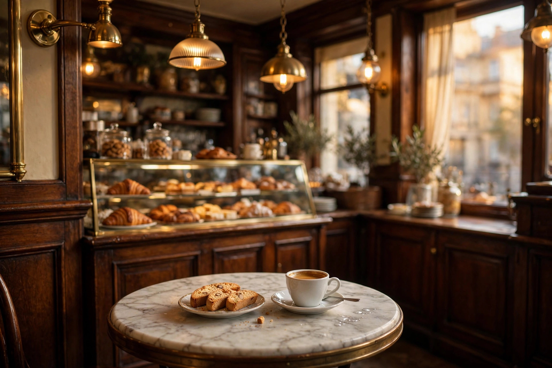 Warm classic cafe interior with espresso on a marble table