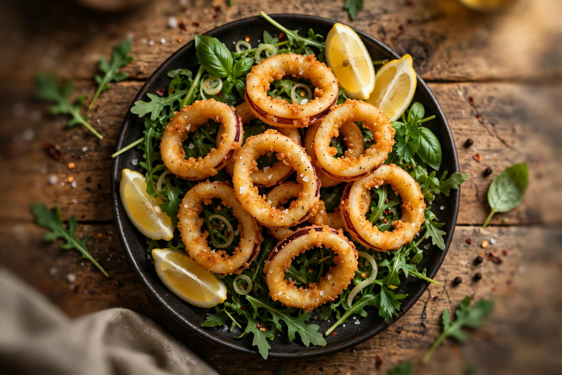 Golden salt and pepper squid on fresh Italian salad